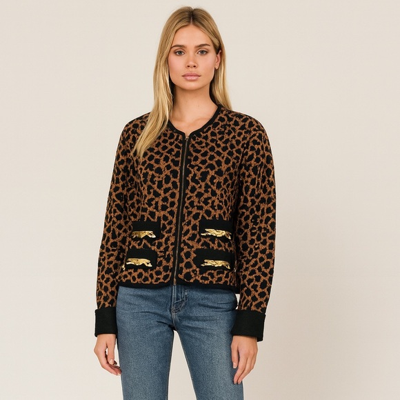 Vintage Jackets & Blazers - Melinda Eng Wool Knit Jacket Leopard Cheetah Animal print Jaguar Embellished